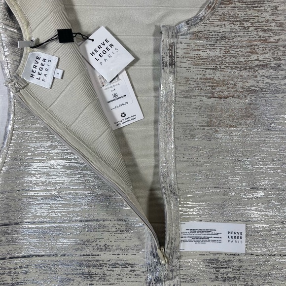 NWT Herve Leger Paris, Silver Foil Mini Dress, Size Large, MSRP $1,050.00 - Picture 12 of 15